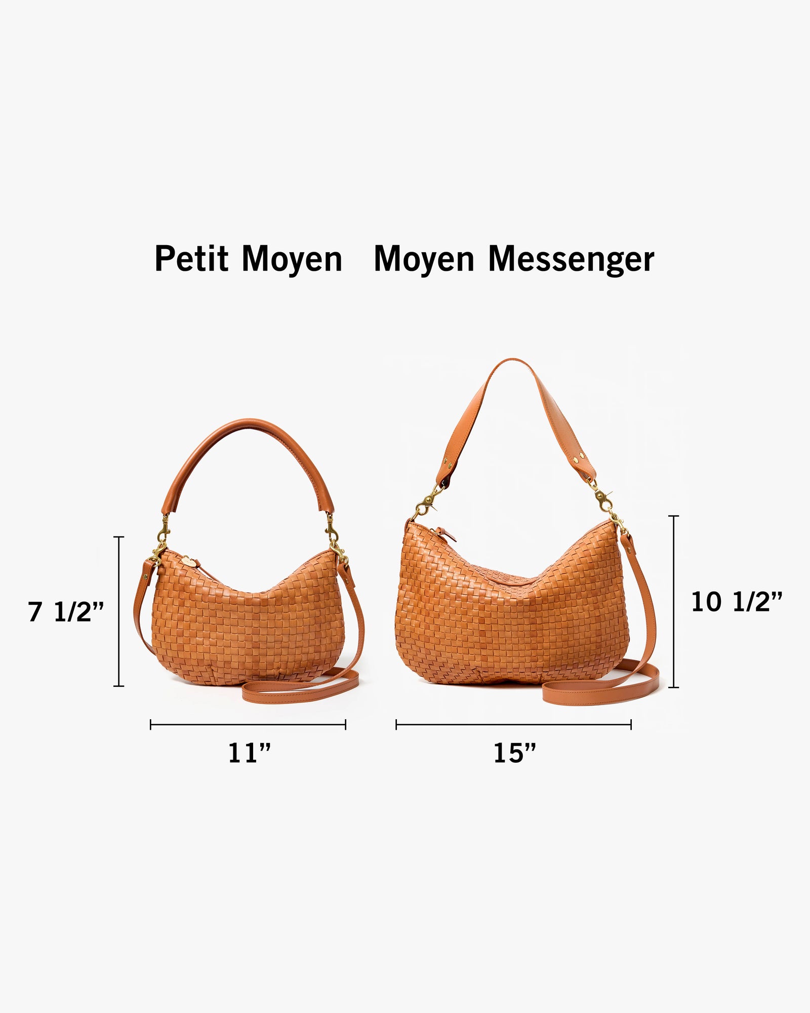 Petit Moyen with dimensions 7 and a half inches tall by 11 inches wide next to Moyen Messenger with dimensions 10 and a half inches tall by 15 inches wide