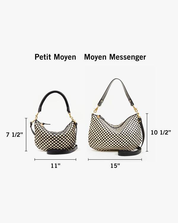 Petit Moyen with dimensions 7 and a half inches tall by 11 inches wide next to Moyen Messenger with dimensions 10 and a half inches tall by 15 inches wide