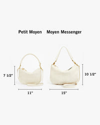 Petit Moyen with dimensions 7 and a half inches tall by 11 inches wide next to Moyen Messenger with dimensions 10 and a half inches tall by 15 inches wide