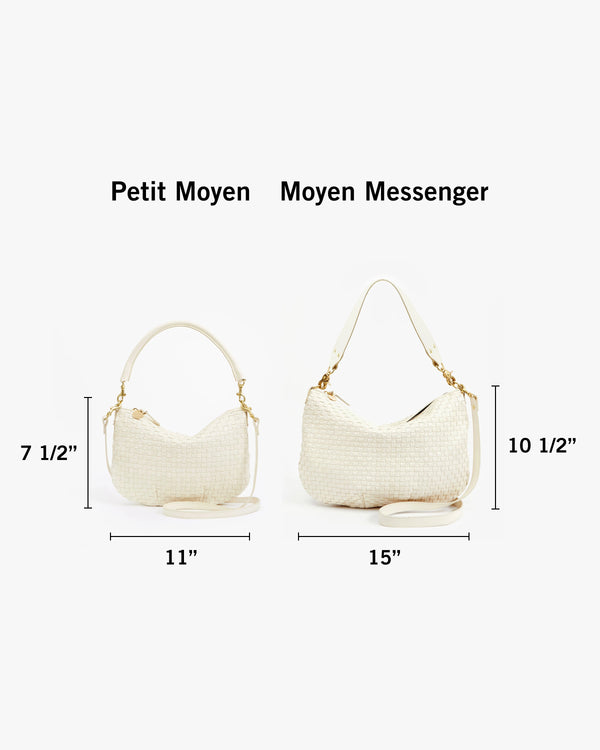 Petit Moyen with dimensions 7 and a half inches tall by 11 inches wide next to Moyen Messenger with dimensions 10 and a half inches tall by 15 inches wide