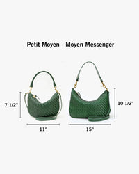 Petit Moyen with dimensions 7 and a half inches tall by 11 inches wide next to Moyen Messenger with dimensions 10 and a half inches tall by 15 inches wide