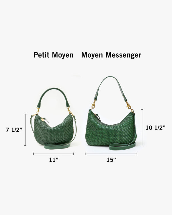 Petit Moyen with dimensions 7 and a half inches tall by 11 inches wide next to Moyen Messenger with dimensions 10 and a half inches tall by 15 inches wide