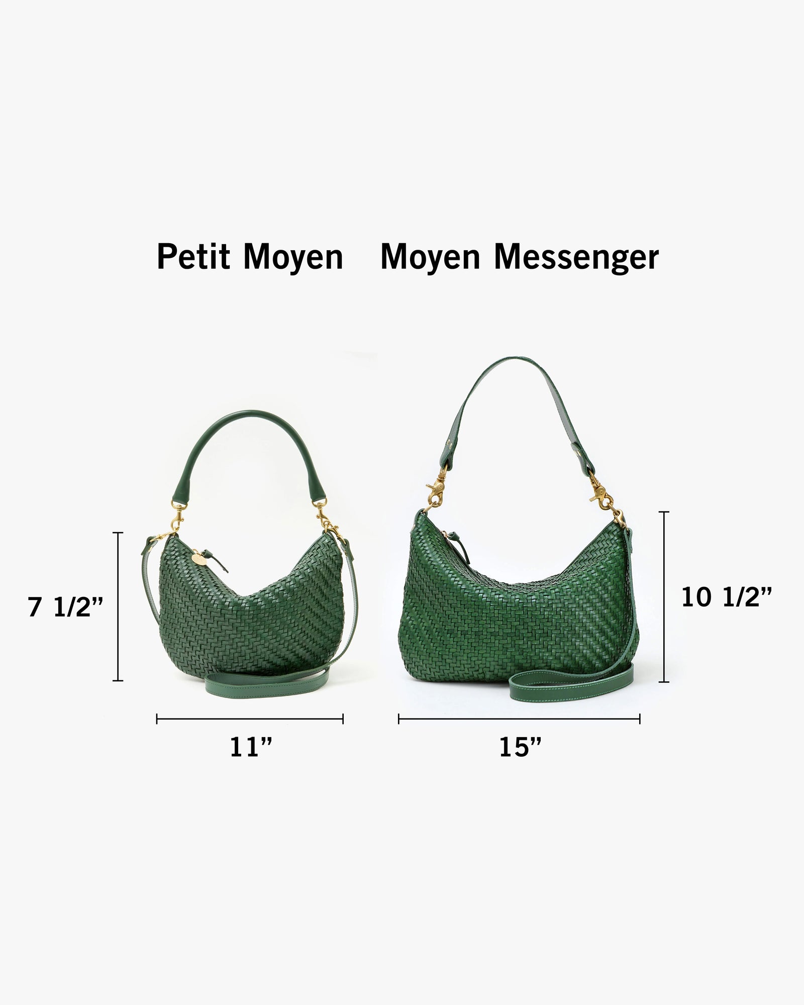 Petit Moyen with dimensions 7 and a half inches tall by 11 inches wide next to Moyen Messenger with dimensions 10 and a half inches tall by 15 inches wide