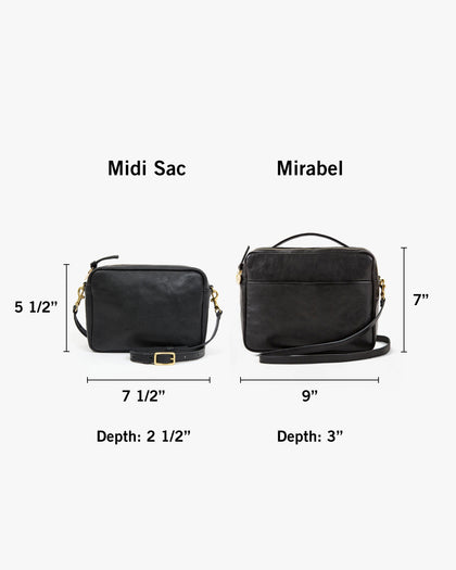 Midi Sac with dimensions 5 and a half inches tall by 7 and a half inches wide with a depth of 2 and a half inches next to Mirabel with dimensions 7 inches tall by 9 inches wide with a depth of 3 inches