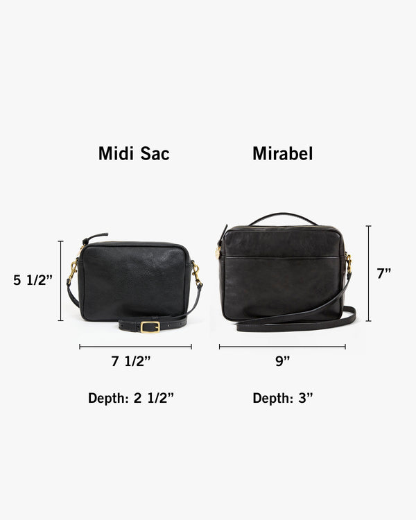 Midi Sac with dimensions 5 and a half inches tall by 7 and a half inches wide with a depth of 2 and a half inches next to Mirabel with dimensions 7 inches tall by 9 inches wide with a depth of 3 inches