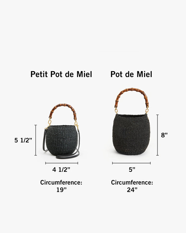 Petit Pot de Miel with dimensions 5 and a half inches tall by 4 and a half inches wide with a circumference of 19 inches next to Pot de Miel with dimensions 8 inches tall by 5 inches wide with a circumference of 24 inches