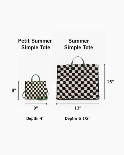 Petit Summer Simple Tote with dimensions 8 inches tall by 9 inches wide with a depth of 4 inches next to Summer Simple Tote with dimensions 15 inches tall by 13 inches wide with a depth of 6 and a half inches