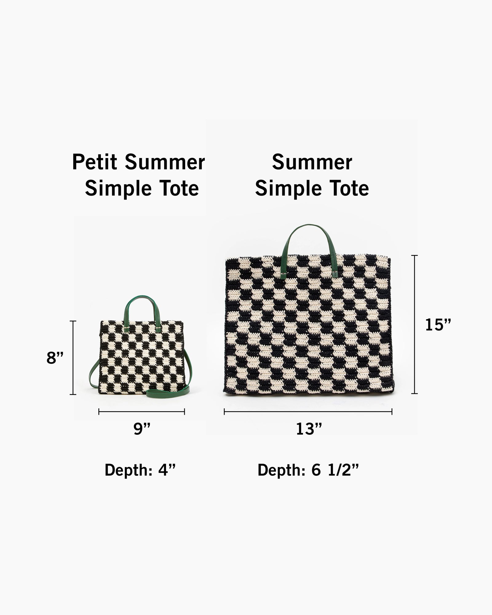 Petit Summer Simple Tote with dimensions 8 inches tall by 9 inches wide with a depth of 4 inches next to Summer Simple Tote with dimensions 15 inches tall by 13 inches wide with a depth of 6 and a half inches