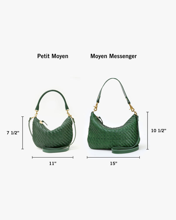 Petit Moyen with dimensions 7 and a half inches tall by 11 inches wide next to Moyen Messenger with dimensions 10 and a half inches tall by 15 inches wide