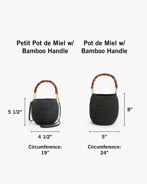 Petit Pot de Miel with dimensions 5 and a half inches tall by 4 and a half inches wide with a circumference of 19 inches next to Pot de Miel with dimensions 8 inches tall by 5 inches wide with a circumference of 24 inches