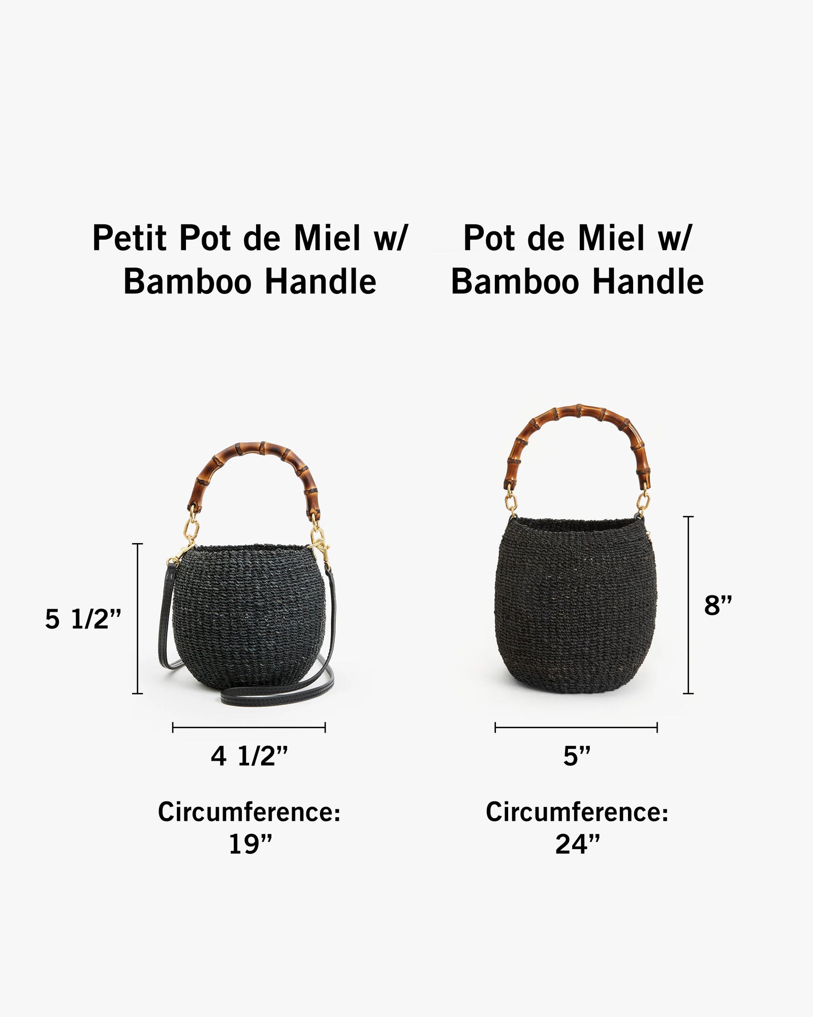 Petit Pot de Miel with dimensions 5 and a half inches tall by 4 and a half inches wide with a circumference of 19 inches next to Pot de Miel with dimensions 8 inches tall by 5 inches wide with a circumference of 24 inches