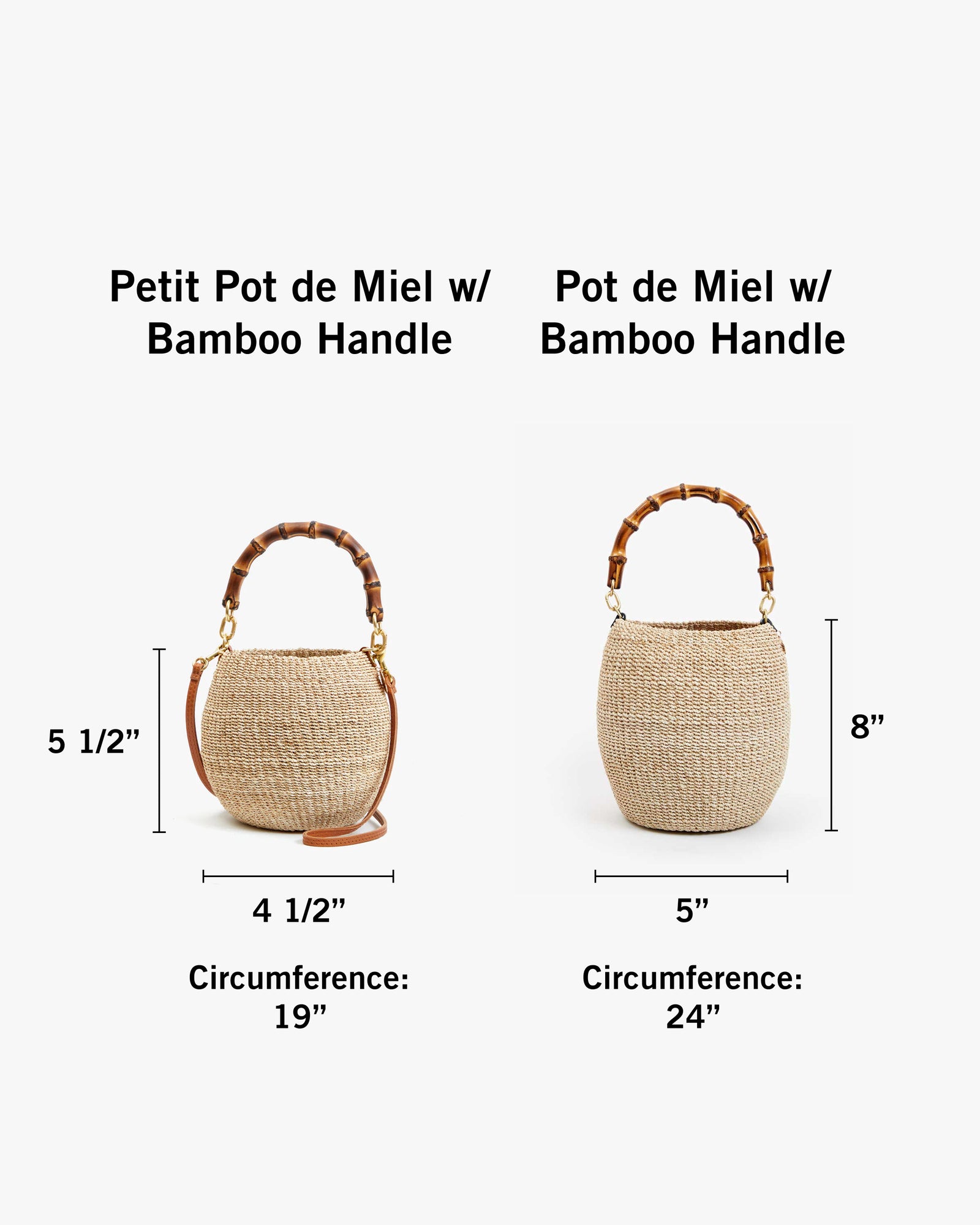 Petit Pot de Miel with dimensions 5 and a half inches tall by 4 and a half inches wide with a circumference of 19 inches next to Pot de Miel with dimensions 8 inches tall by 5 inches wide with a circumference of 24 inches