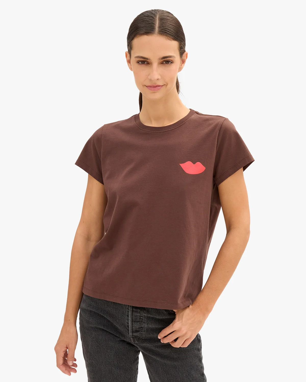 Model wearing the Chocolate Brown with Lips Classic Tee.