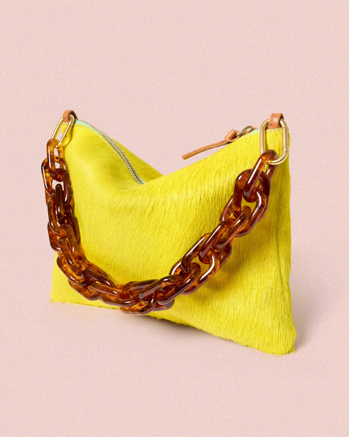 Citron Flat Clutch with Tabs with Tortoise Shortie Strap.