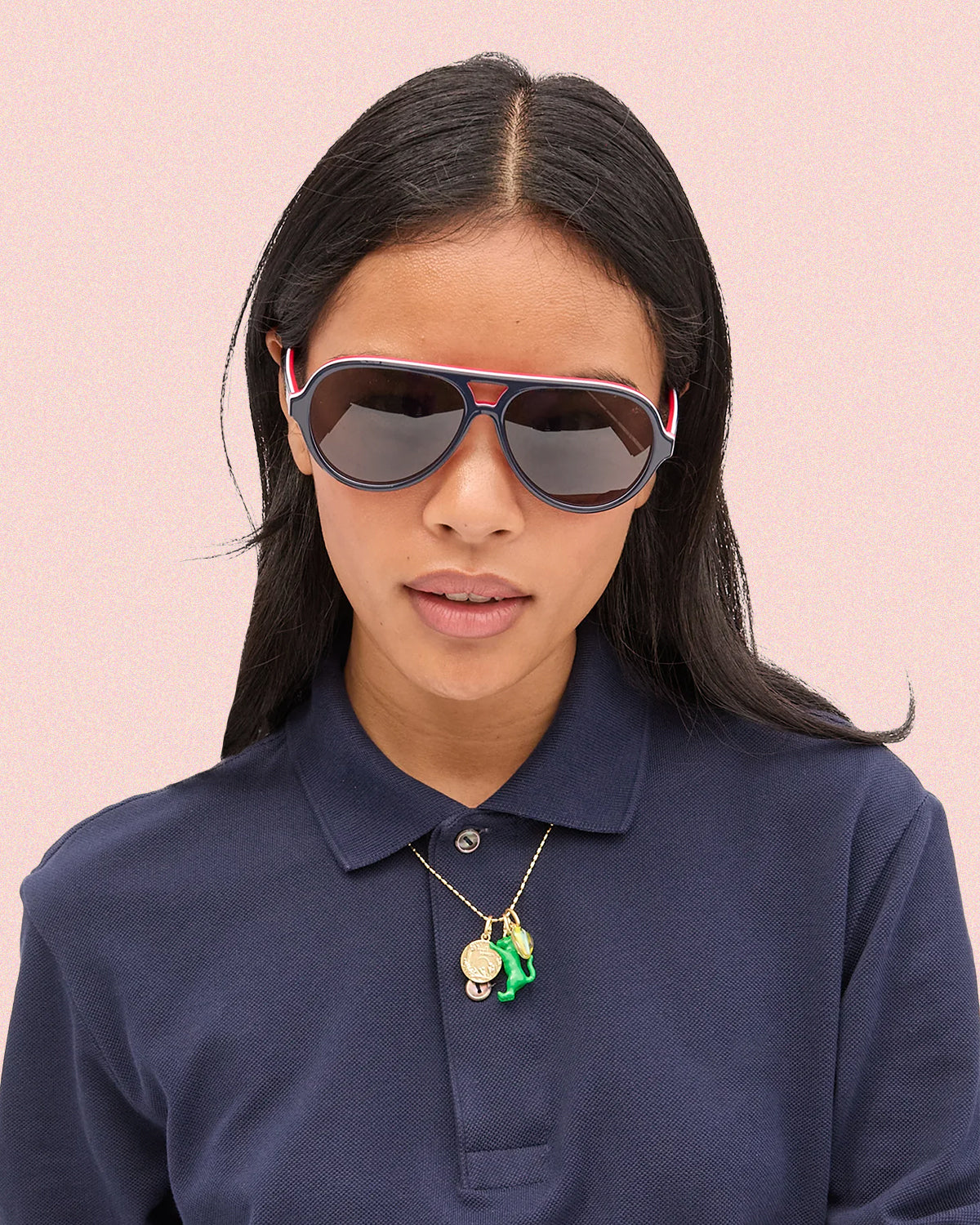 Model wearing the Navy/Red Lizzie Sunglasses.