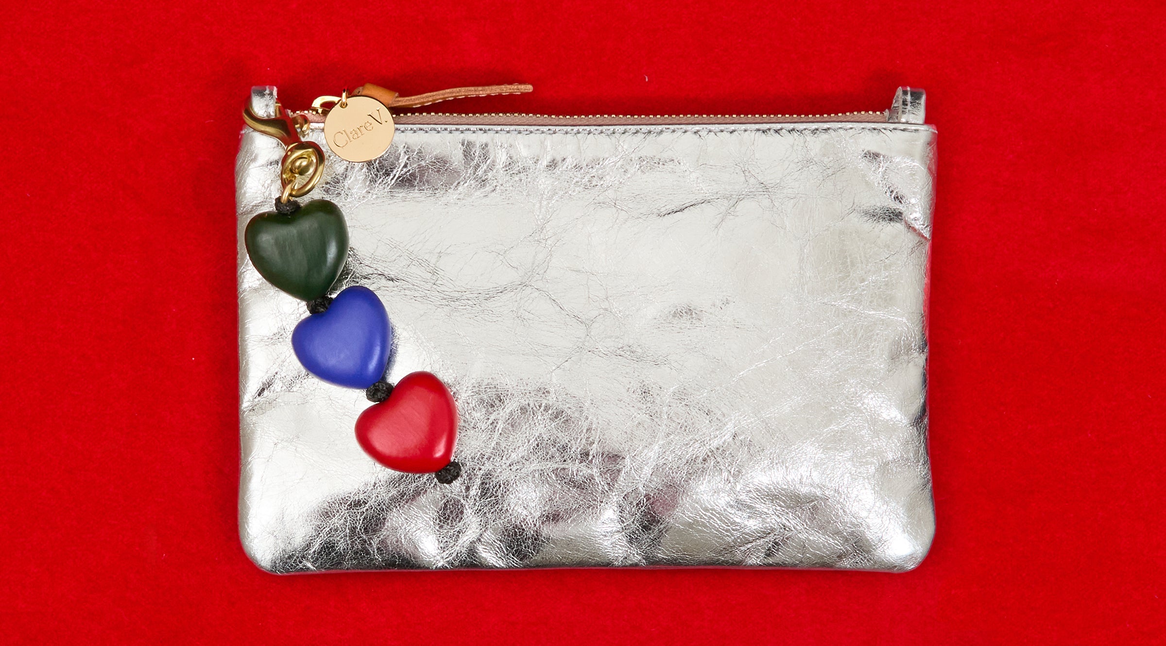 Silver Wallet Clutch with Tabs with Evergreen Multi Heart Fob.