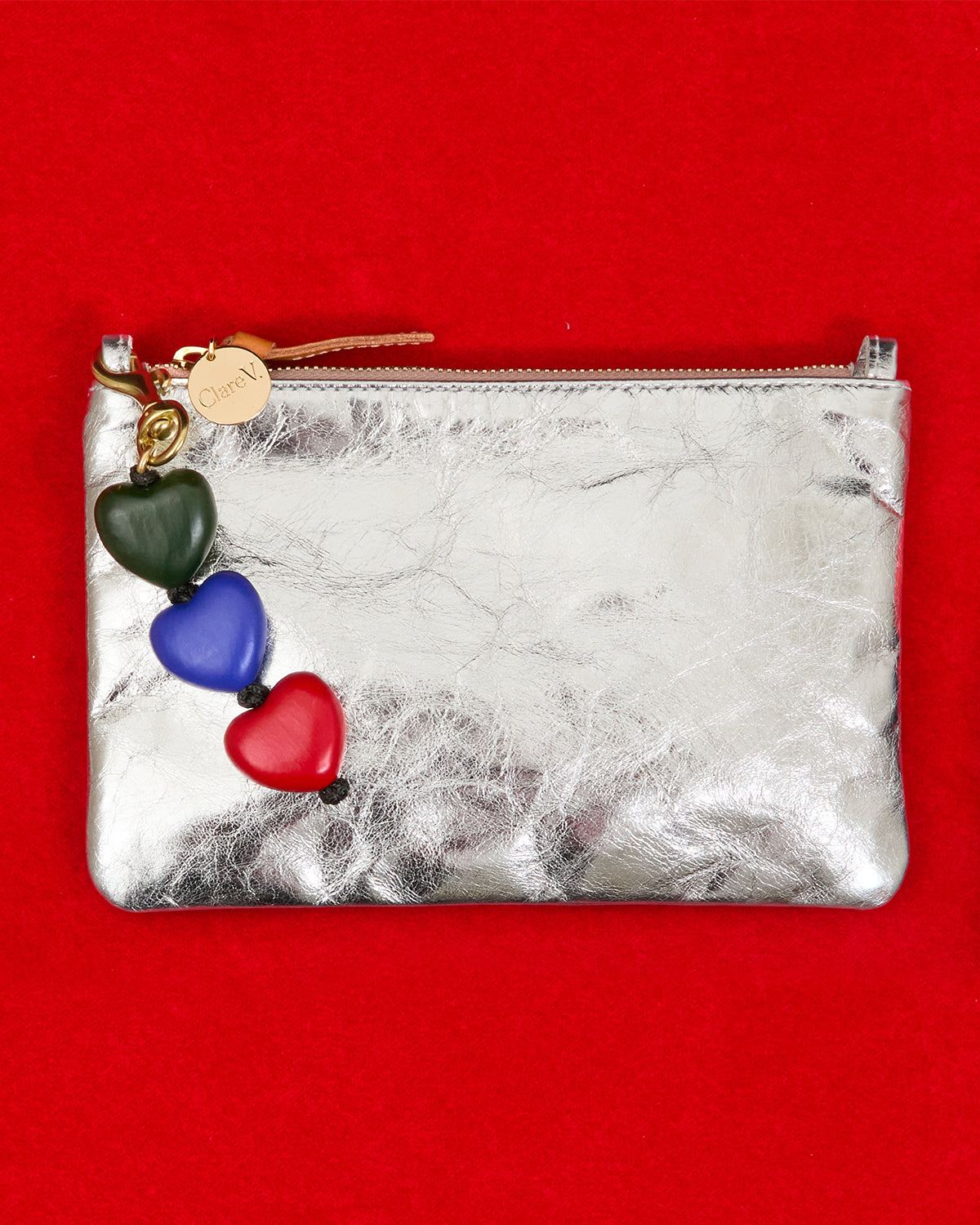 Silver Wallet Clutch wi/ Tabs with Evergreen Multi Heart Fob.