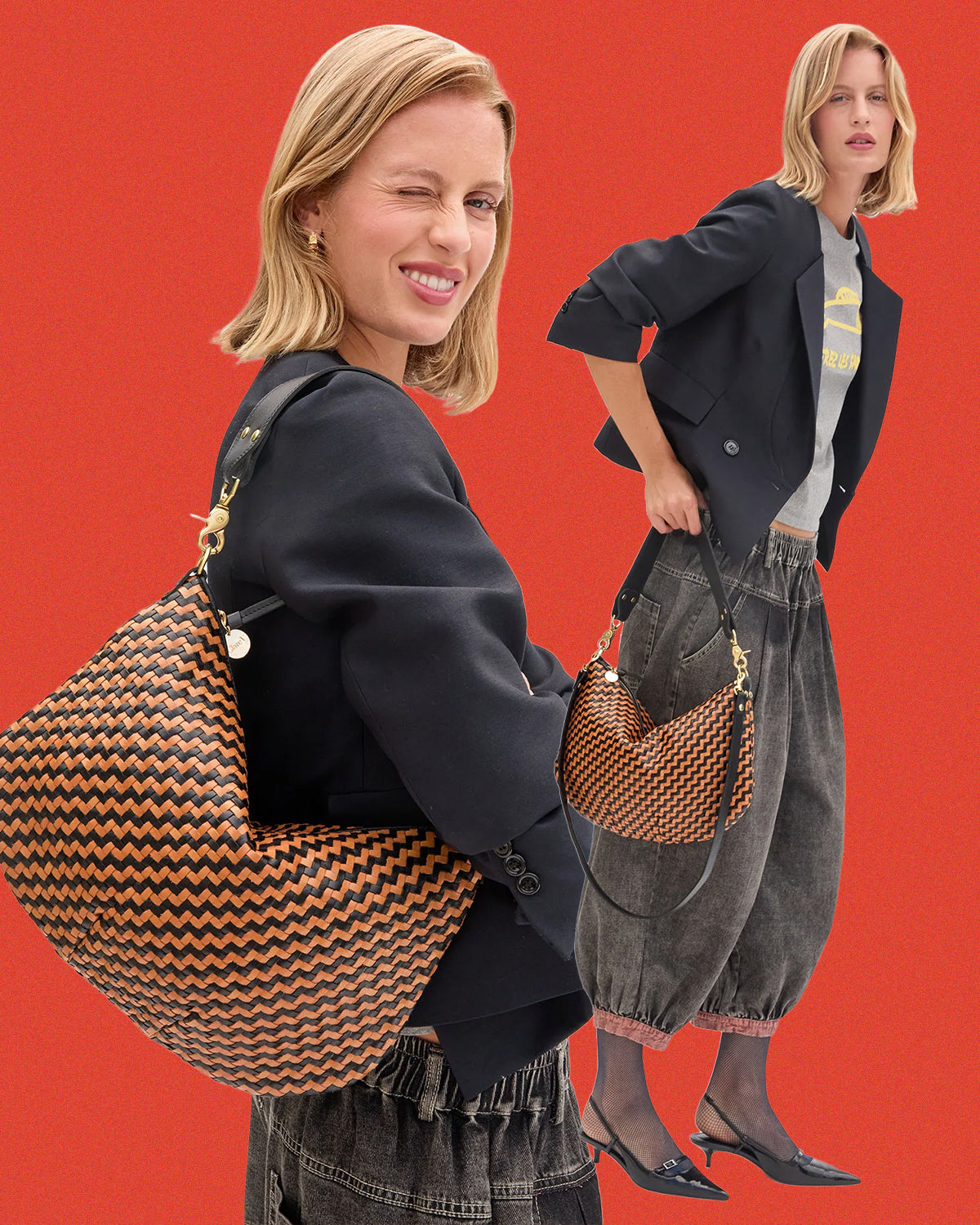 Model carrying the Black and Natural Woven Zig Zag Moyen Messenger.