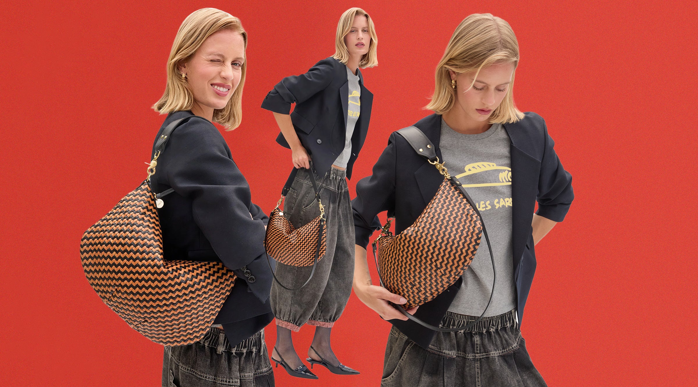 Model carrying the Black and Natural Woven Zig Zag Moyen Messenger.