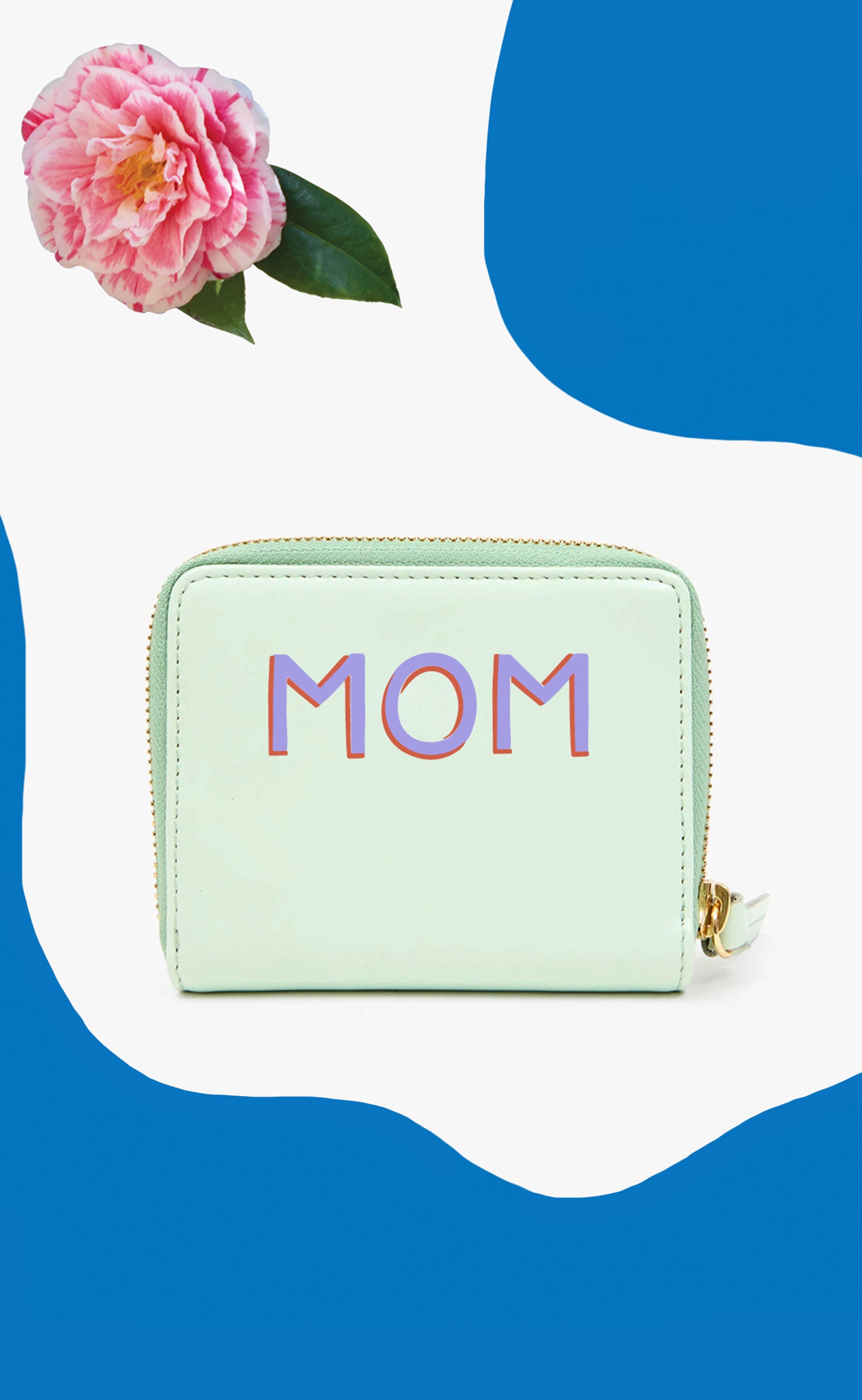 Mist Petit Zip Wallet with a handpainted monogram that reads 'Mom'.