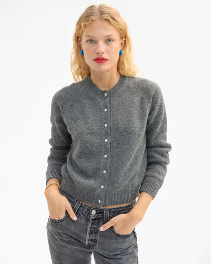 Model wearing the Grey Melange Noelle Cardigan.