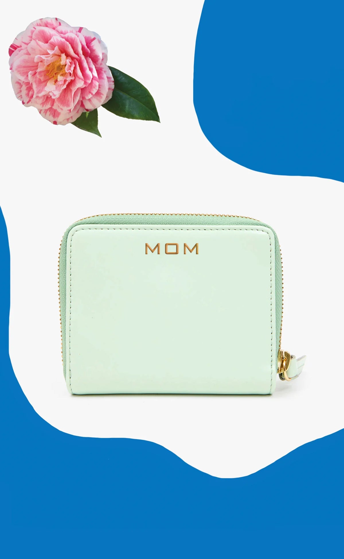 Mist Petite Zip Wallet with Gold Foil Monogram that reads 'MOM'.