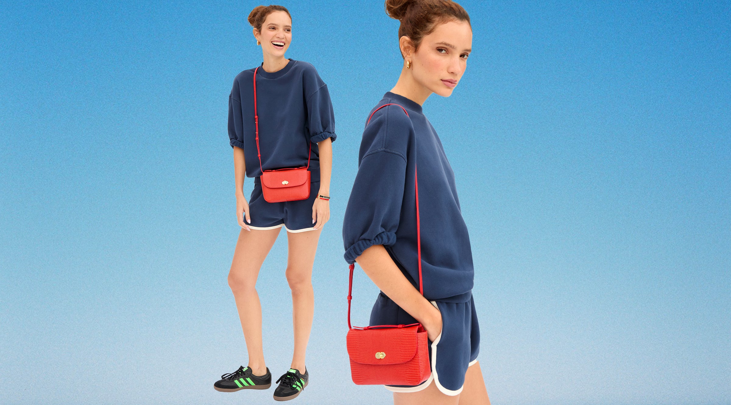 Model wearing the Navy Short Sleeve Oversized Sweatshirt with matching Le Jogging Shorts and carrying the Red Embossed Lizard Kathryn. 