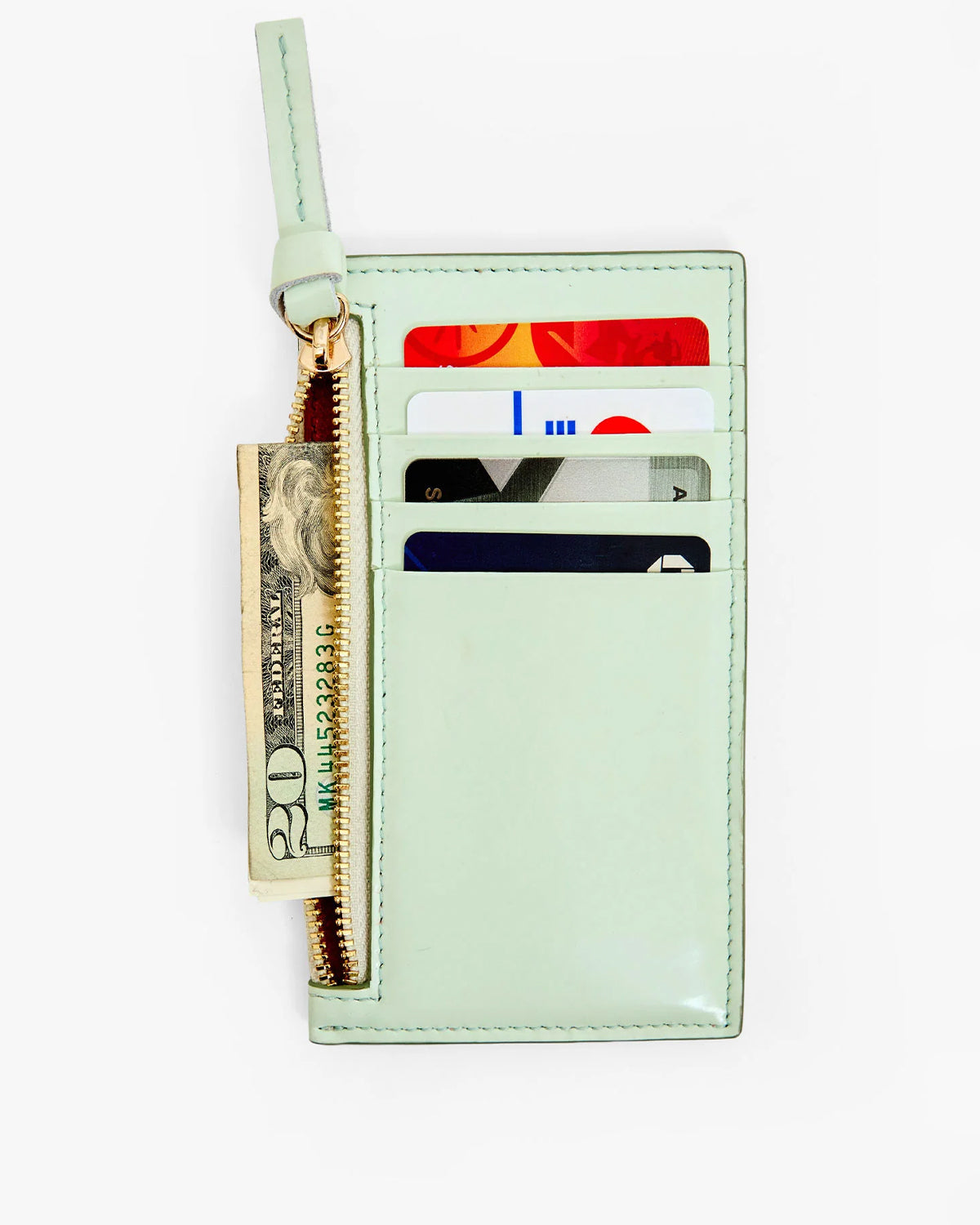 Mist Card Zip Wallet with cards and money inside.