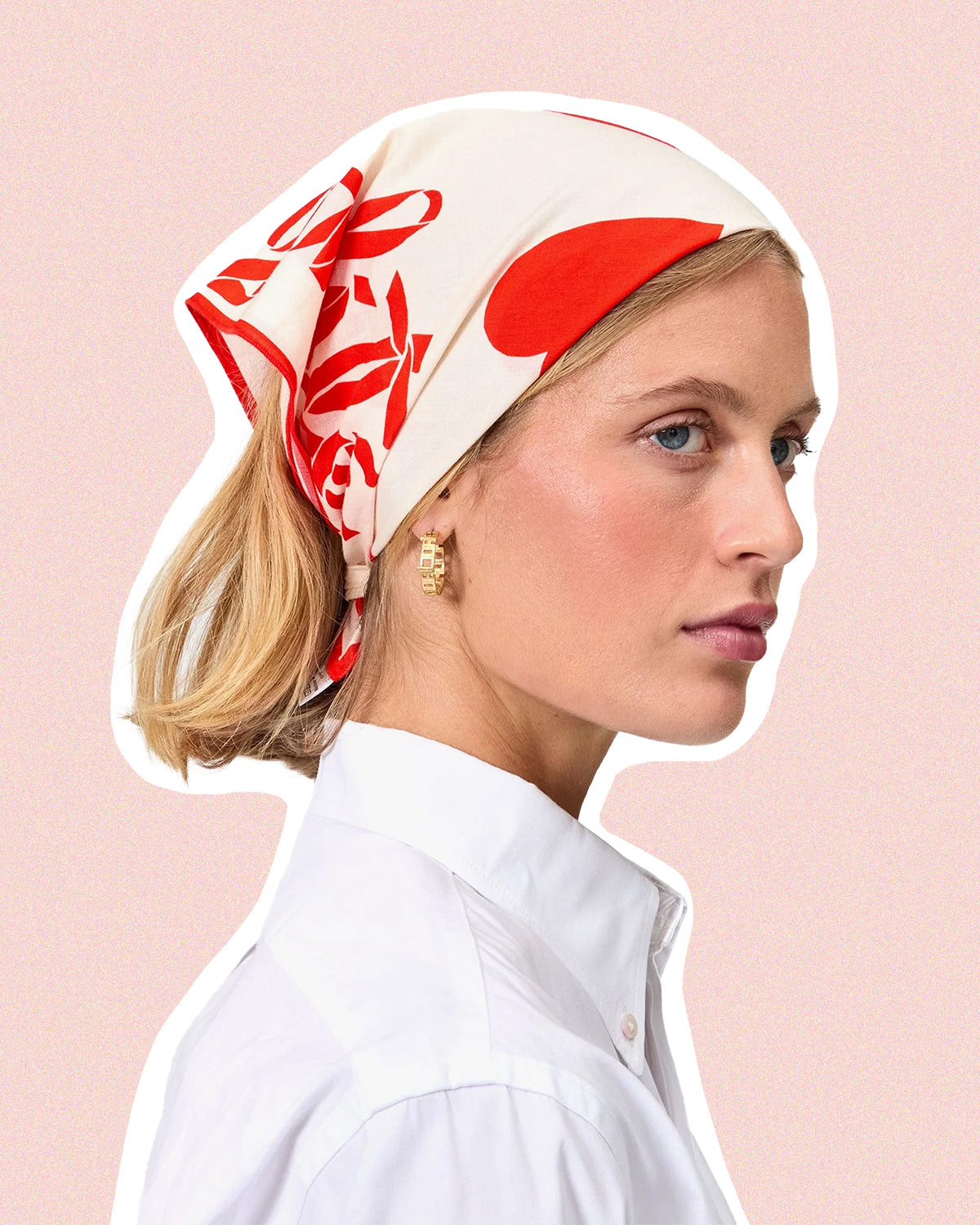 Model wearing a  CV. x Every Mother Counts bandana as a hair scarf. 