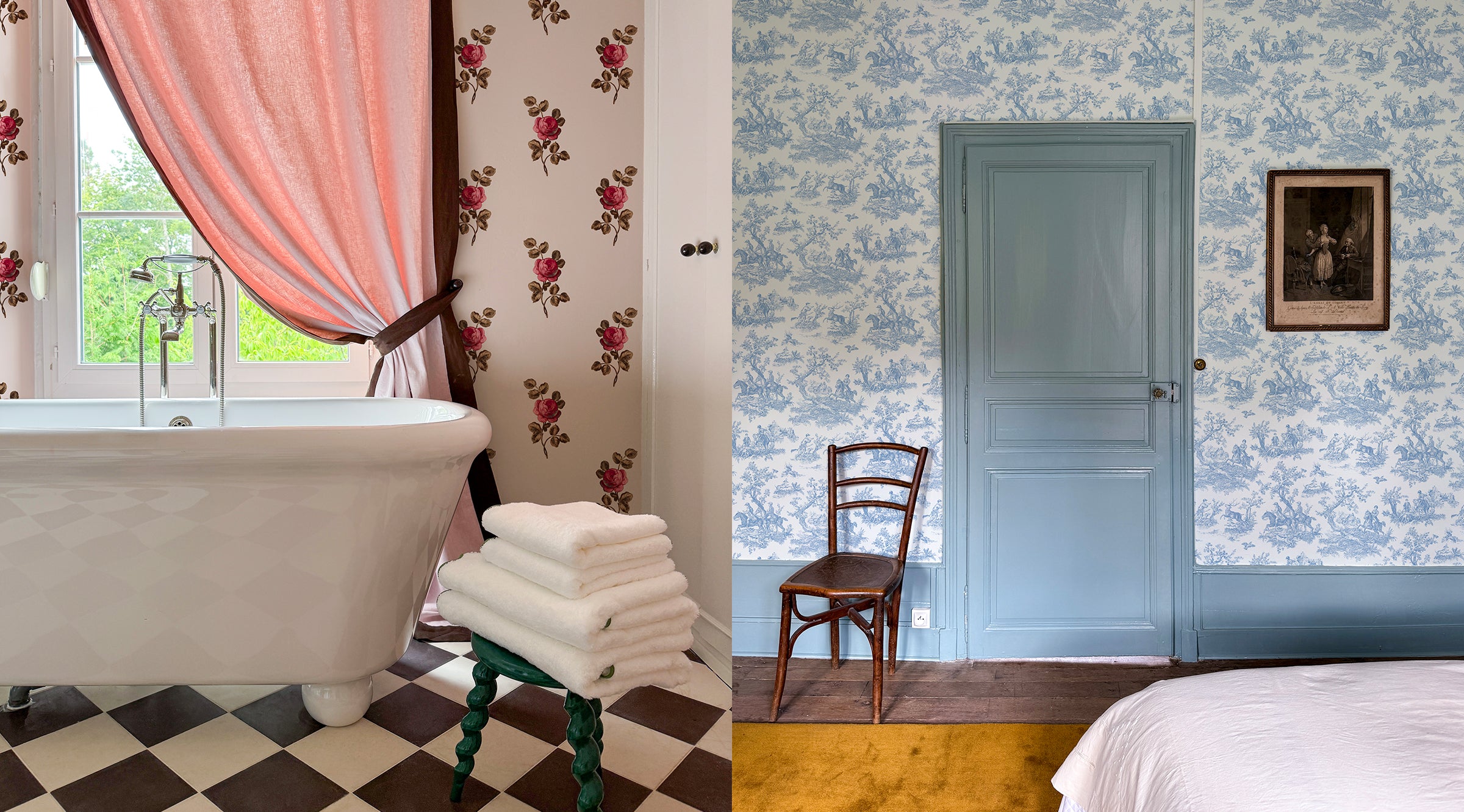 A bedroom and bathroom with Clare V. x Wallshoppe wallpaper. 