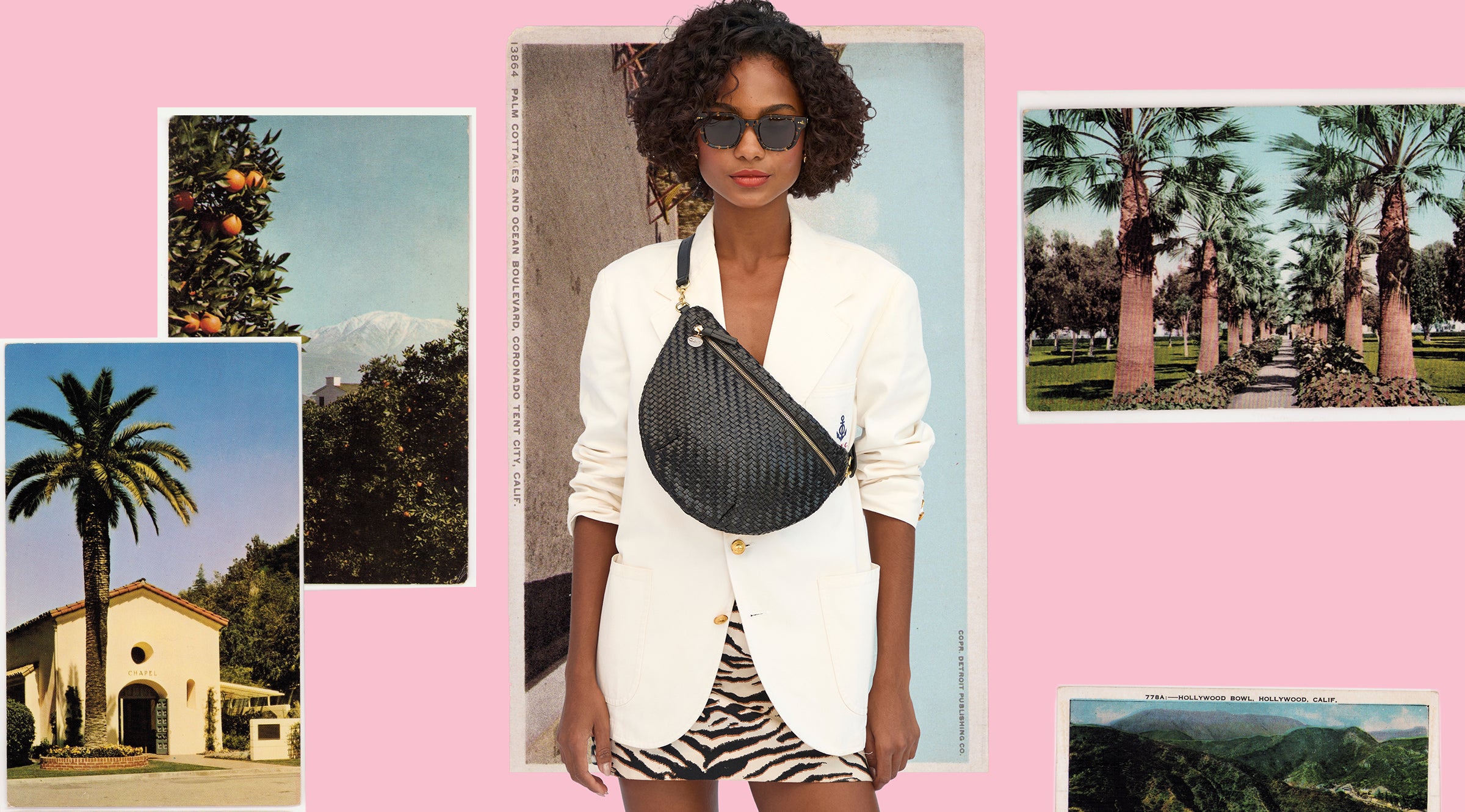 Model carrying the Black Woven Zig Zag Grande Fanny across her chest while standing in front of a collage of tropical images. 