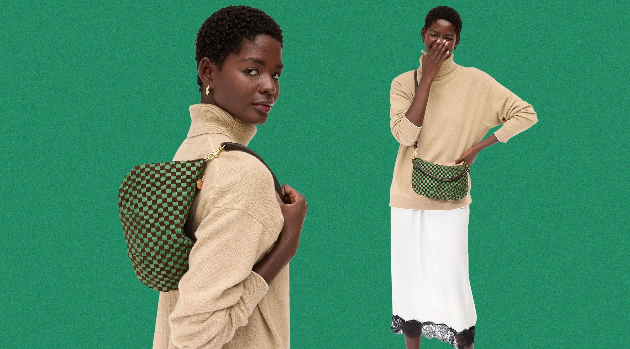 Model carrying the Deep Pine and Chocolate Woven Petit Moyen.