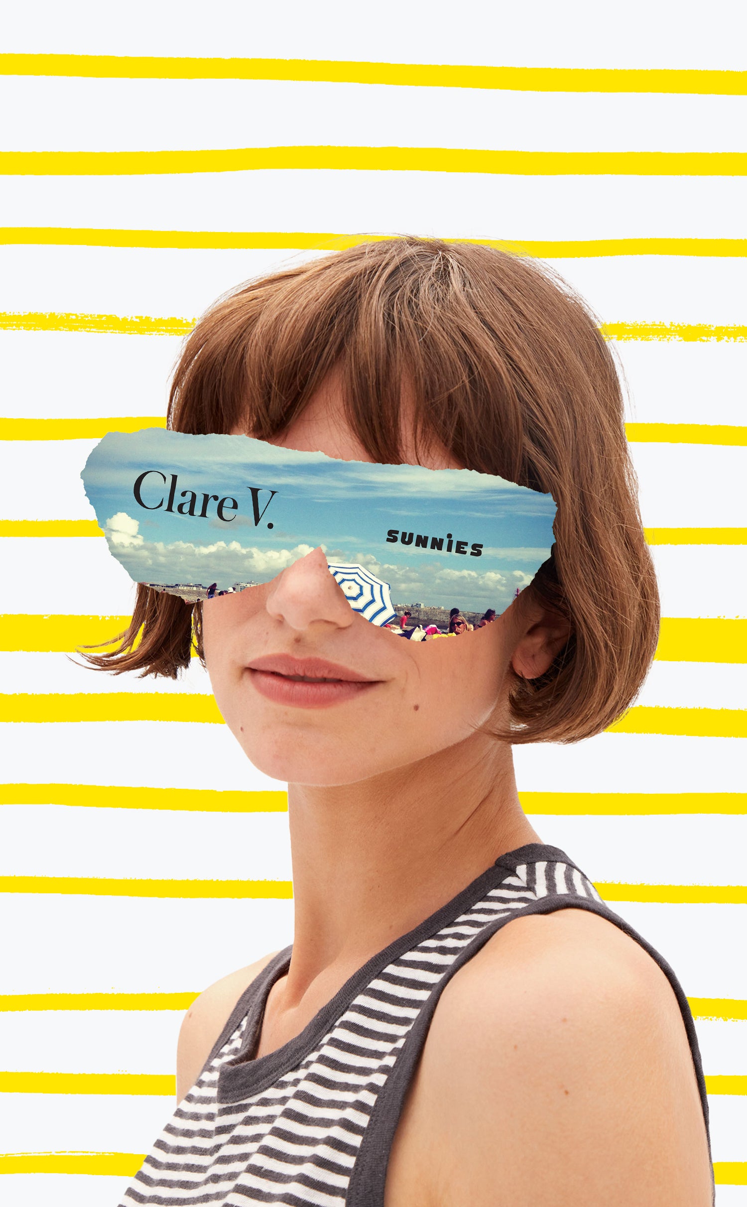 Model with sunglasses put over her head via a cutout of an image that shows the beach. 