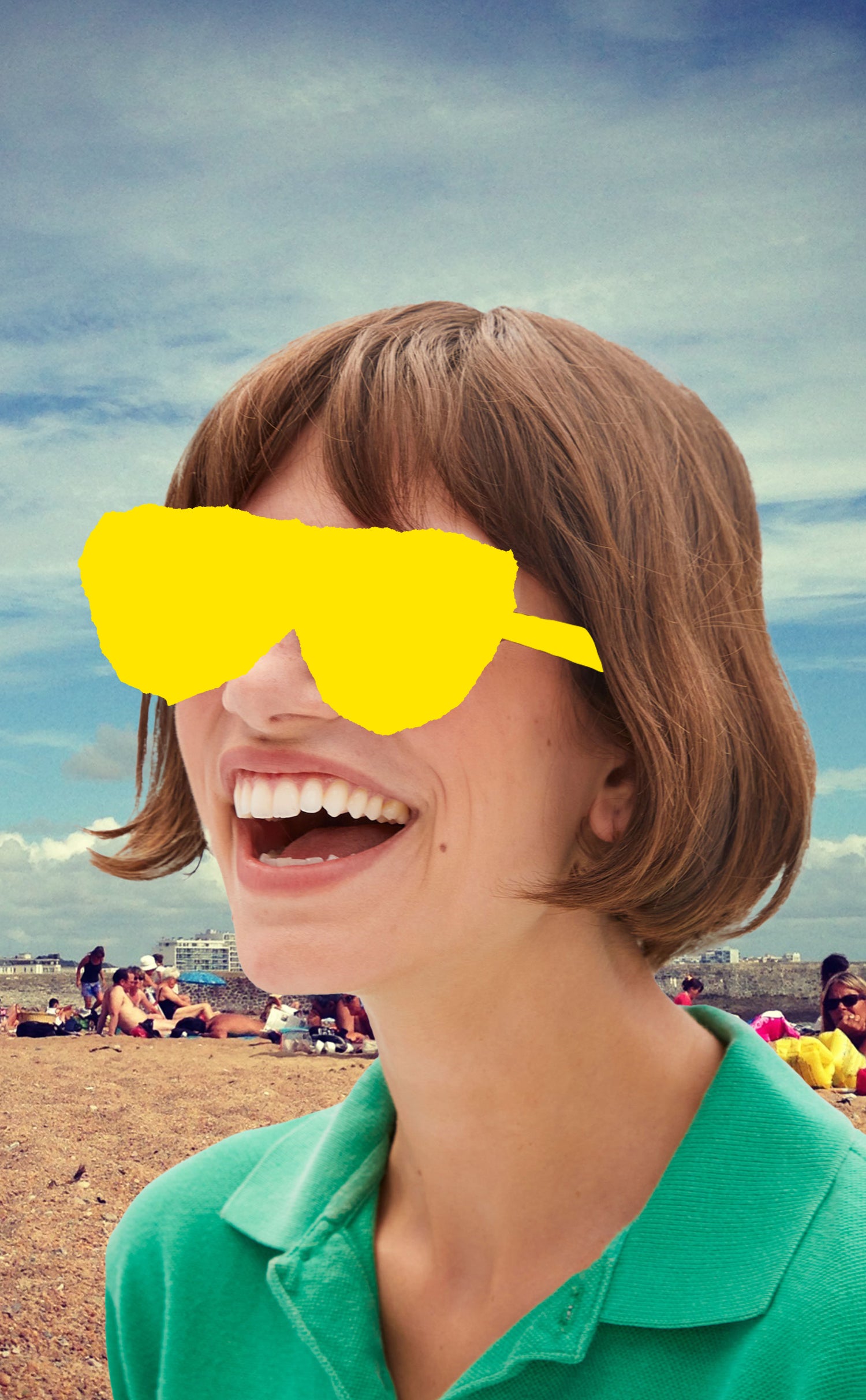 Model with yellow sunglasses drawn over her eyes.