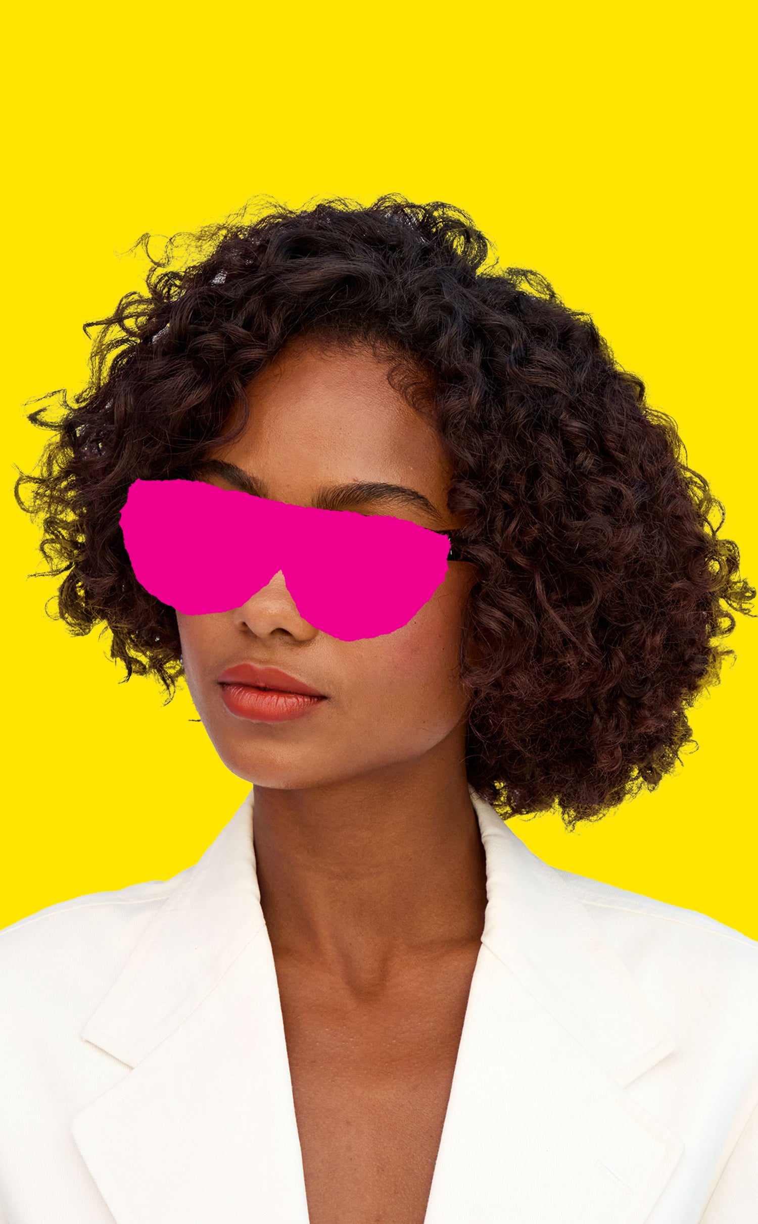 Model with pink sunglasses drawn over her face.