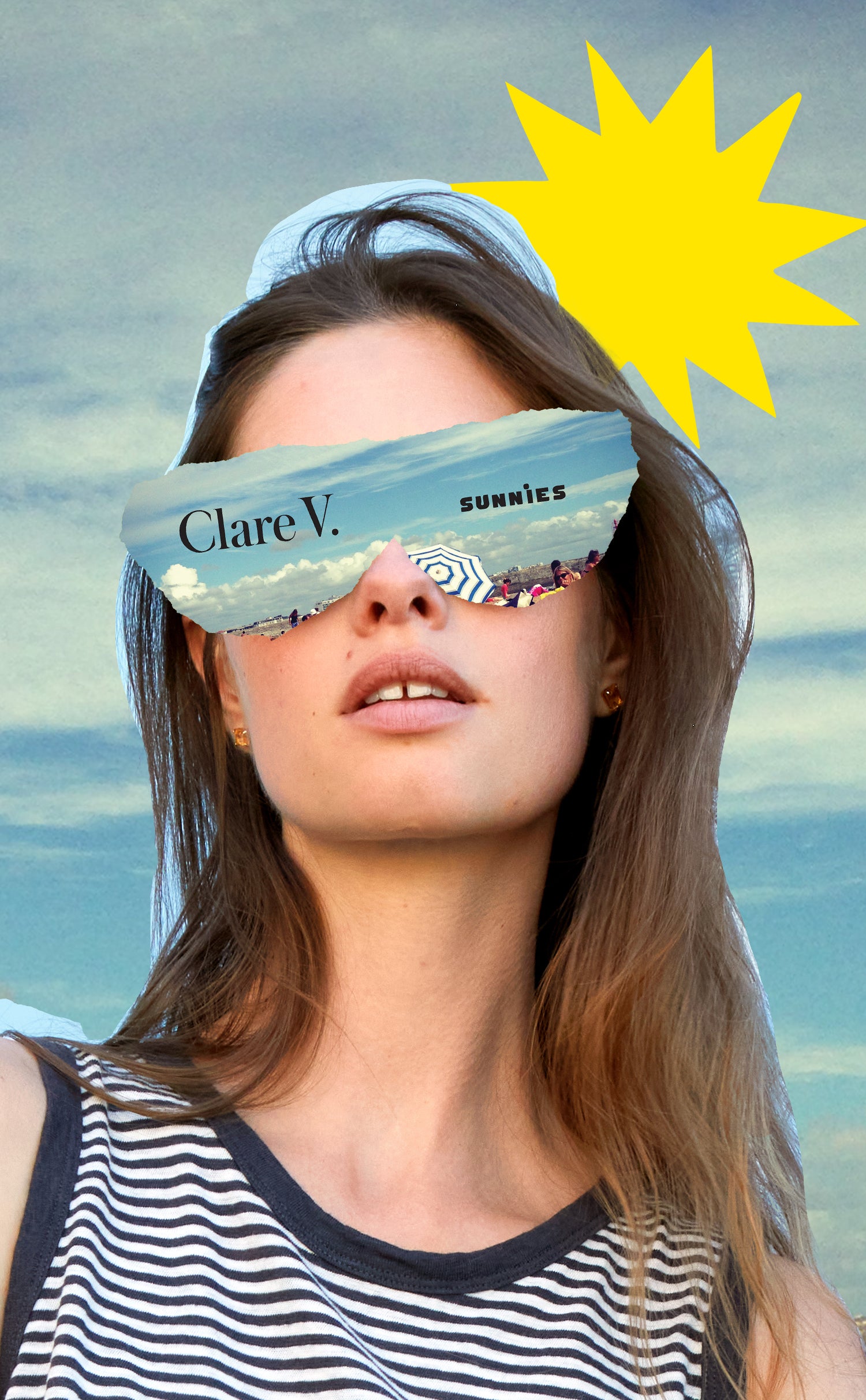 Model with a cutout in the shape of sunglasses put over her eyes. 