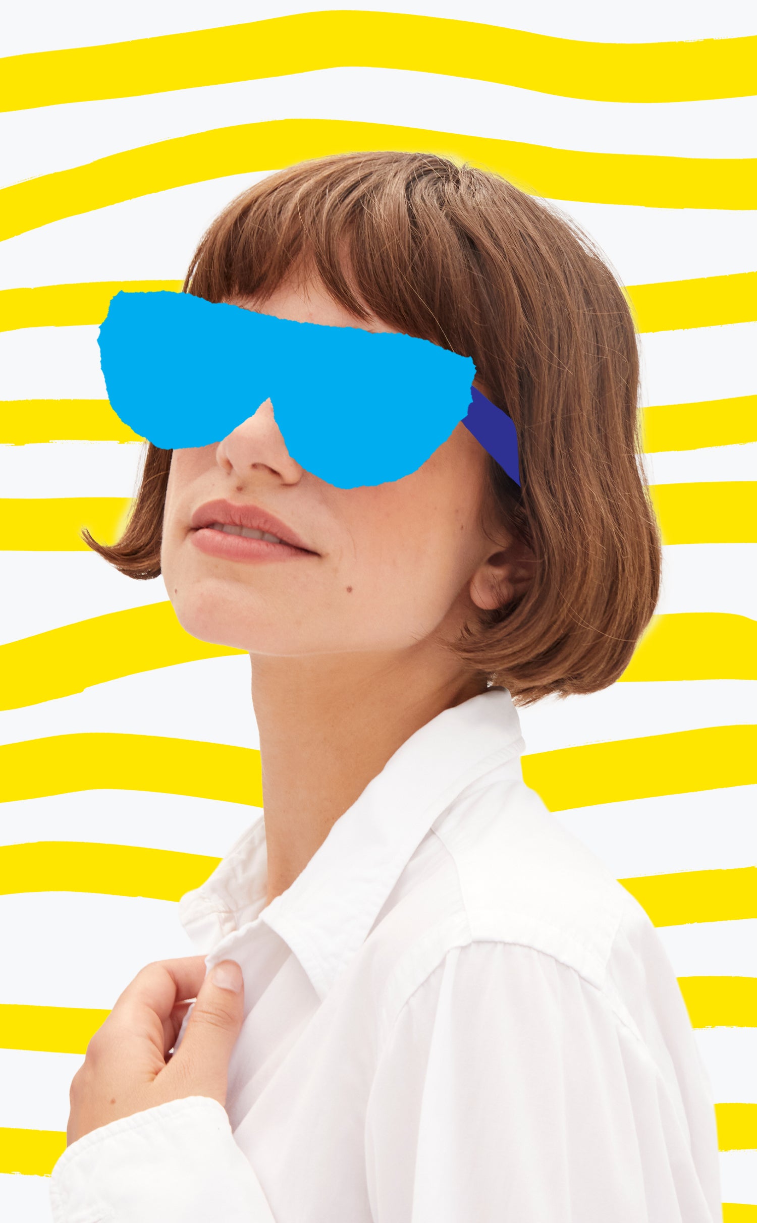 Model with sky blue sunglasses drawn over her eyes.