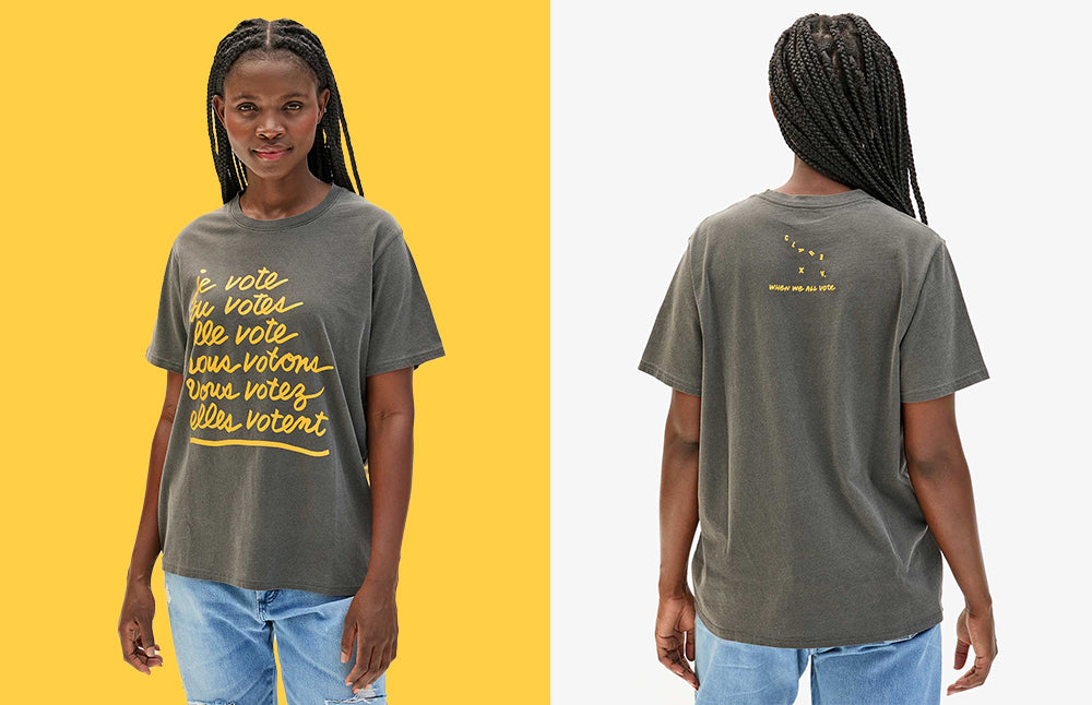 Model wearing the When We All Vote Original Tee.
