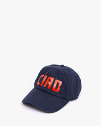 side angle of the Navy ciao Baseball Hat