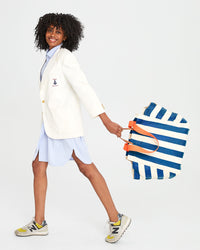 Clare V. - Beach Tote with Flat Clutch in Navy & Cream Striped Mesh