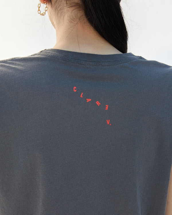 Close up view of Aurelia from the back wearing the Faded Black Paris L.A. Classic Tee