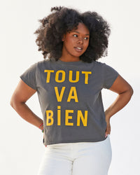 candice wearing the faded black with tout va bien classic tee  with white pants