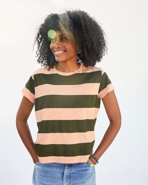 Mecca wearing the army and coral rugby stripe classic tee