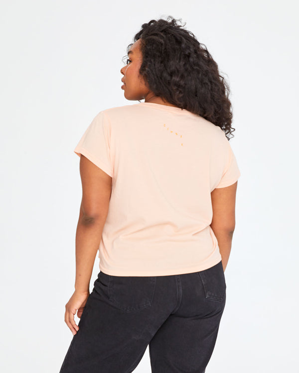 back view of candice in the Blush with Neon Orange Boots and Cats print Classic Tee