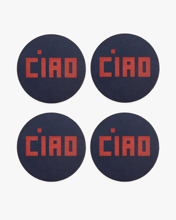 Navy with red Ciao Coasters - Set of 4 - laid out next to one another 