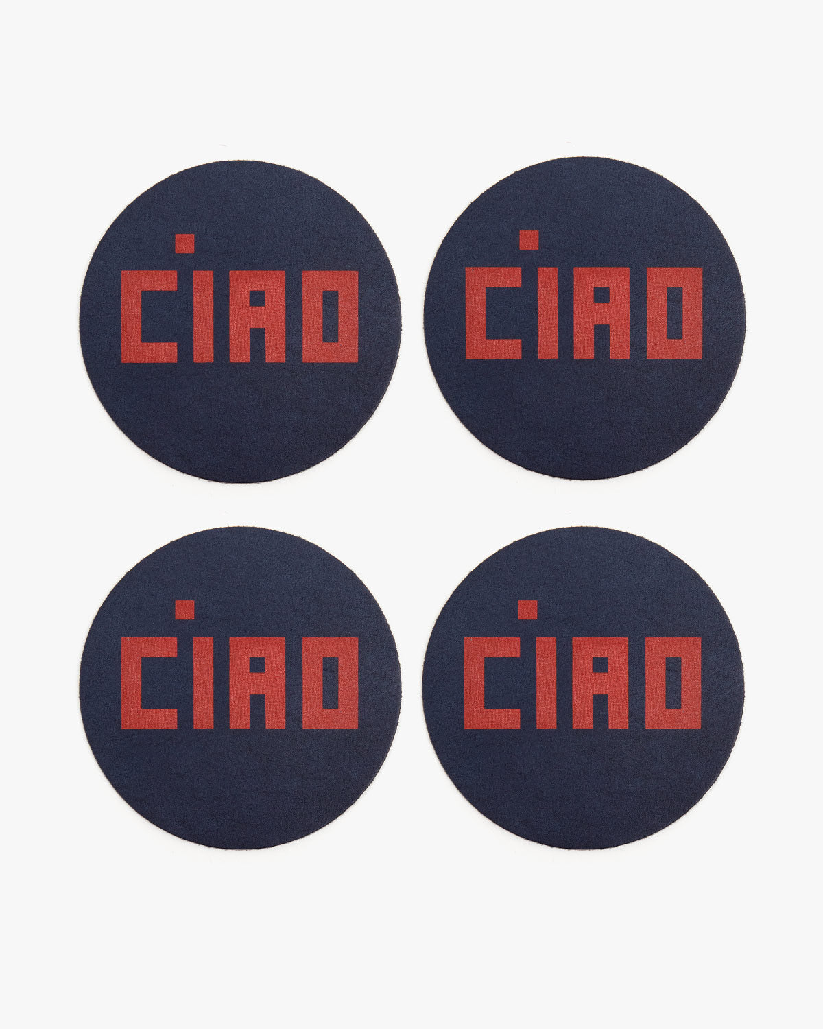 Navy with red Ciao Coasters - Set of 4 - laid out next to one another 