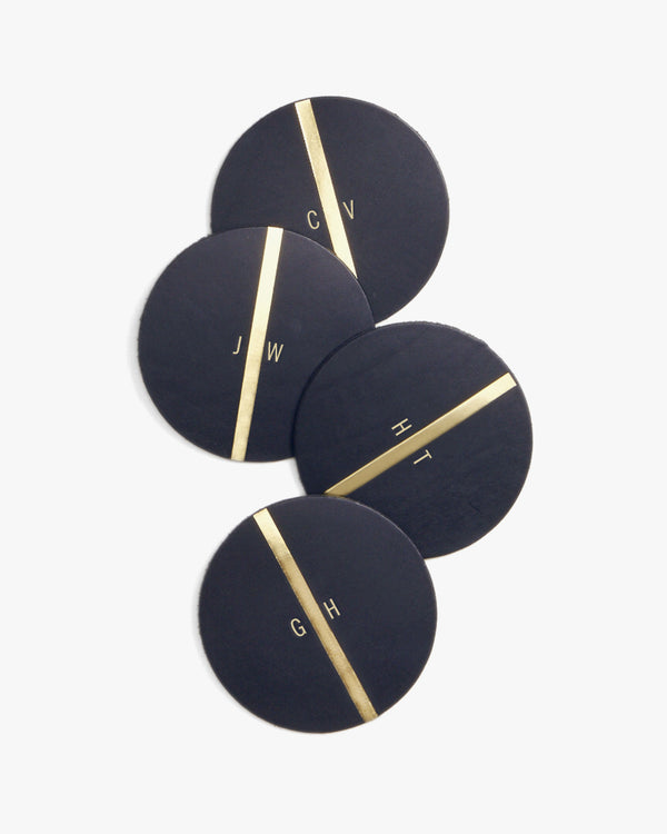 Set of Four Navy w/ Gold Stripe Coasters with Petit Gold Foil Monograms
