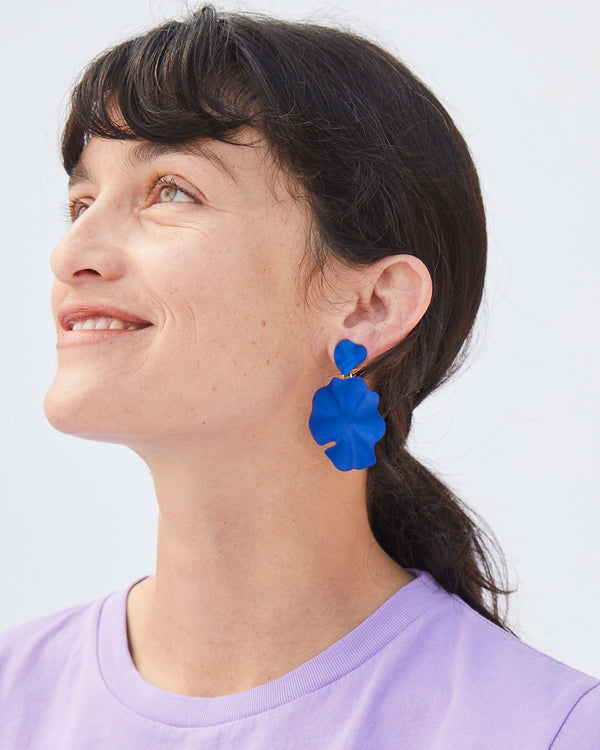 Danica Wearing the Cobalt Coated Flower Statement Earrings