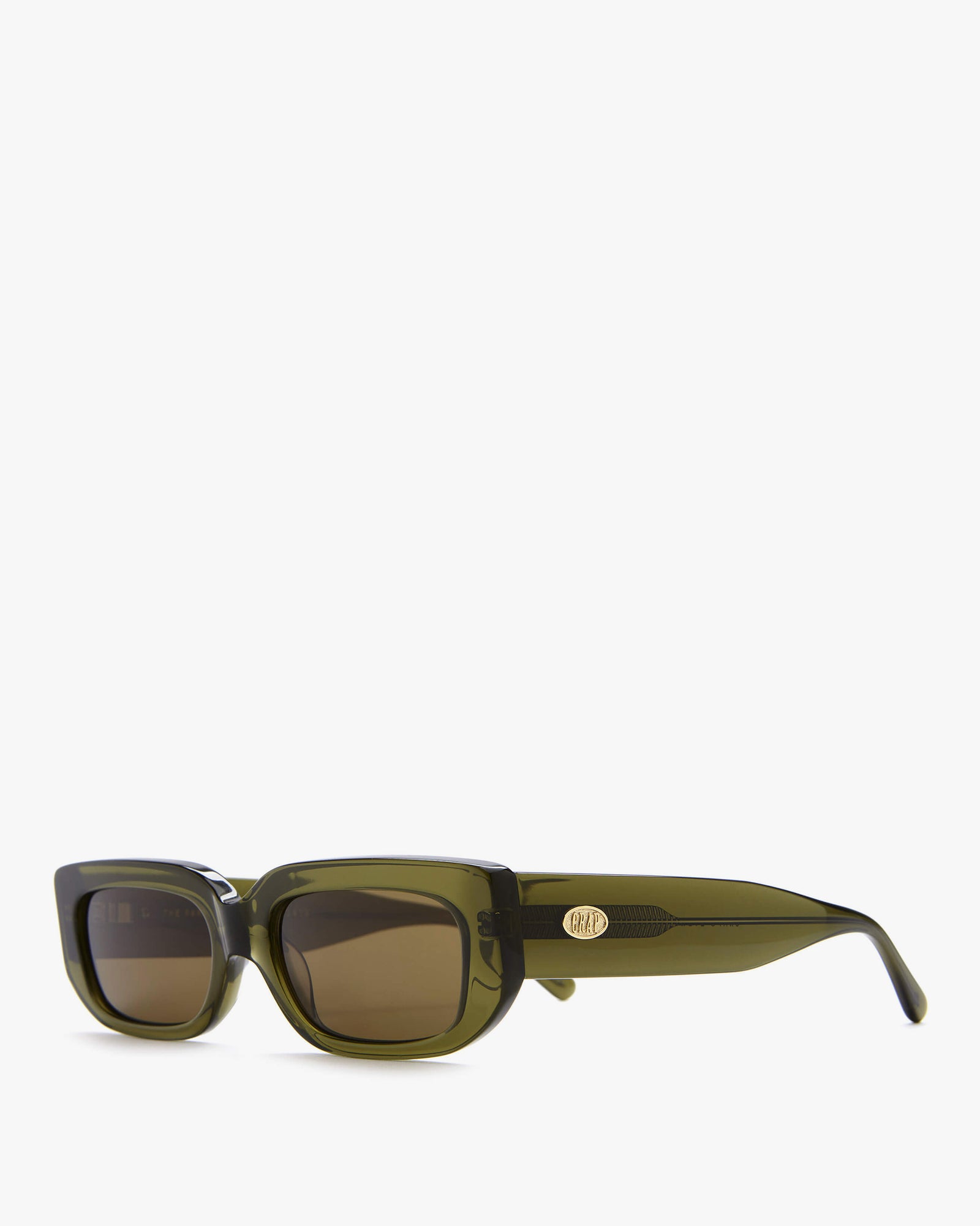 side angle of the Crystal Seaweed Green Crap Eyewear Paradise Machine Sunglasses