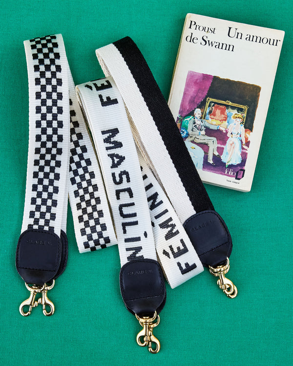 Black and Cream Checker Crossbody Strap with other cotton webbing straps